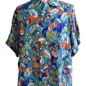 $1100 Brioni XL Short Sleeve Blue Orange Floral Abstract Print Rayon Italy